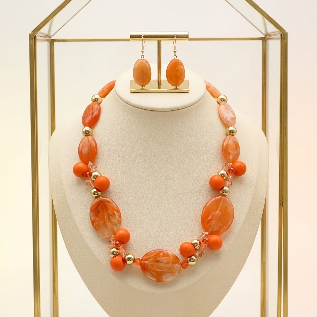 Rustic Orange Marbled Oval Bead Collar Necklace