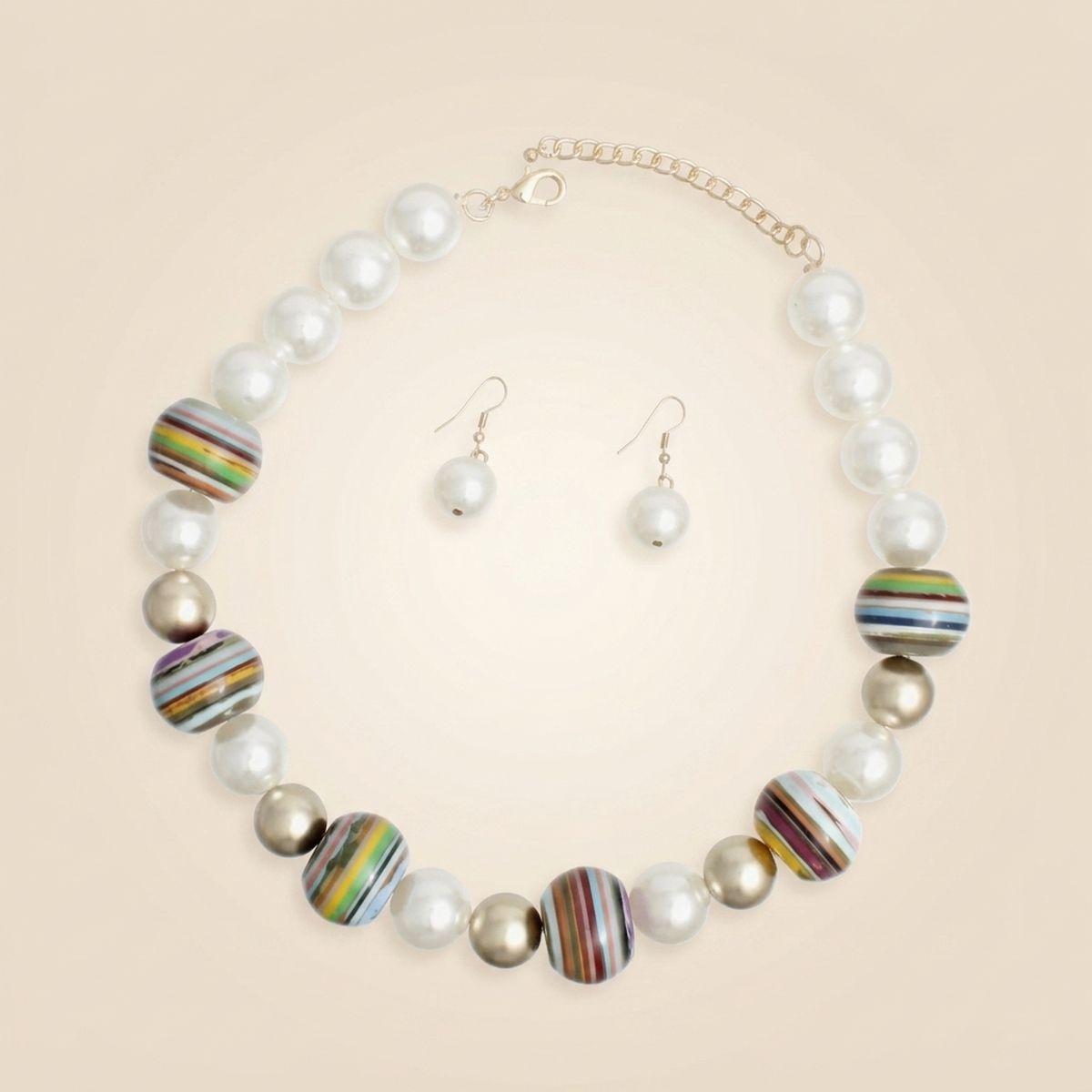 Multicolor Striped Bead Cream 20mm Pearl Necklace