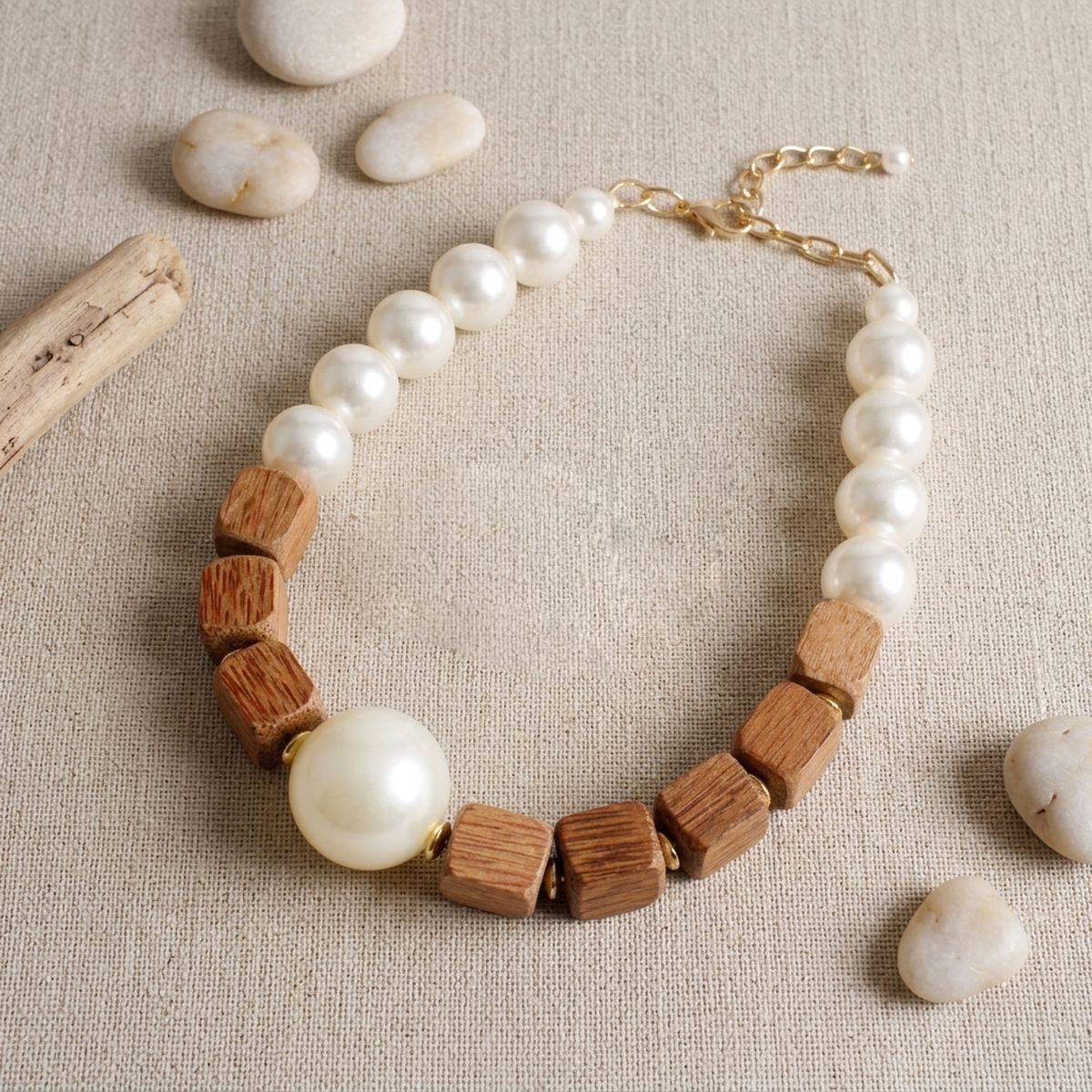 Chunky Wooden Cube & Jumbo Pearl Necklace