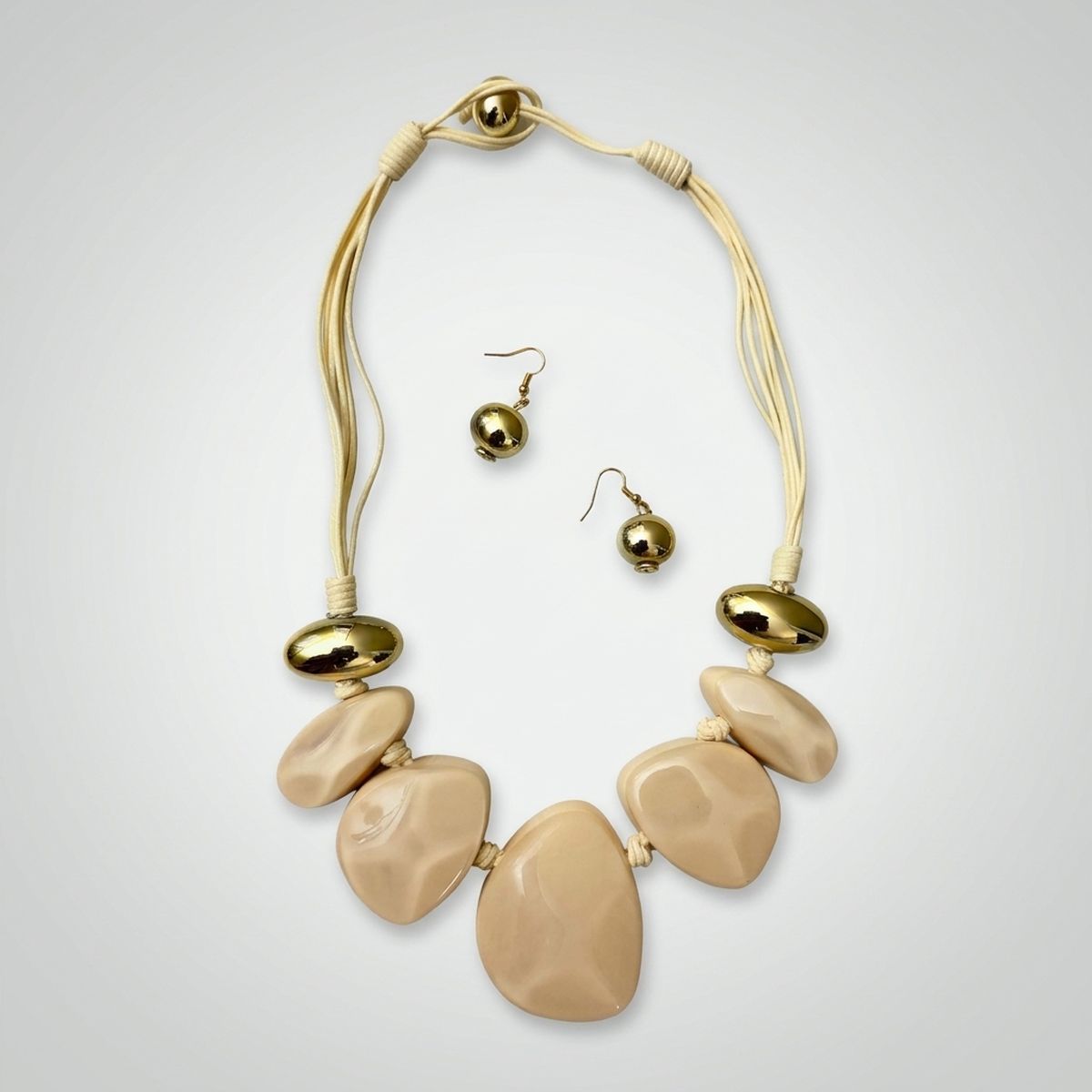Ivory Resin Pebble & Cord Bib Collar Necklace Set