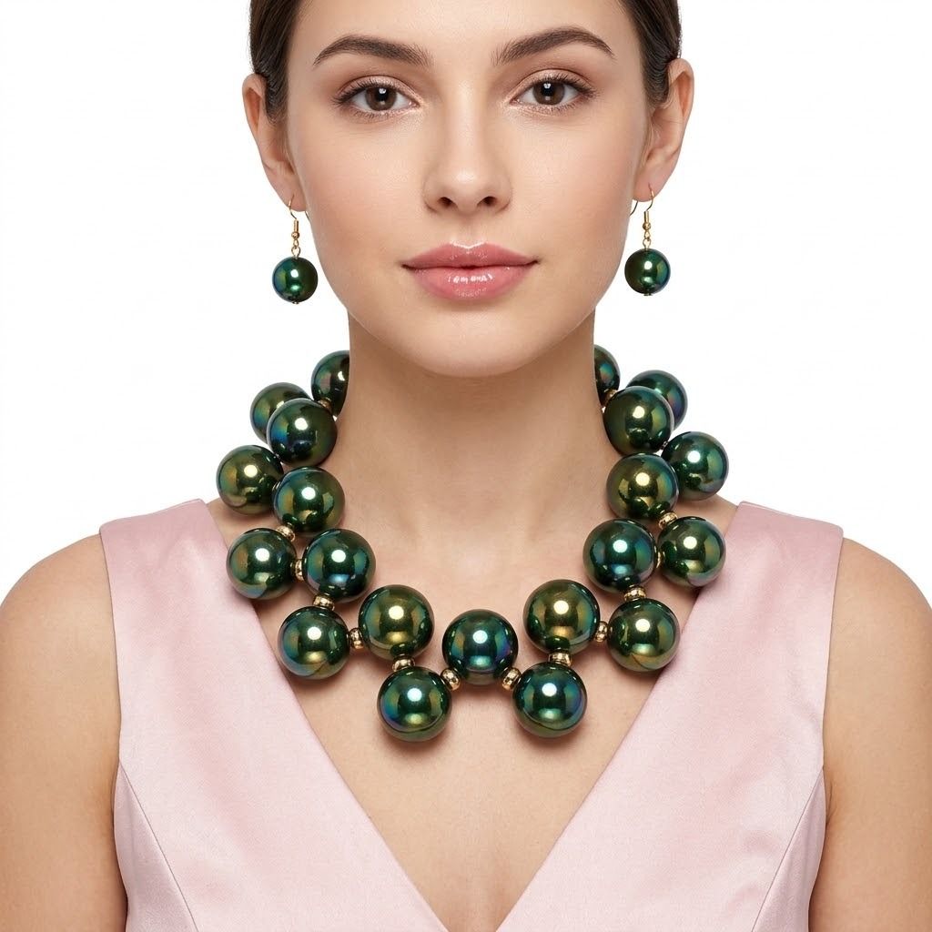 Olive Green Marble Bubble Ball Bead Necklace