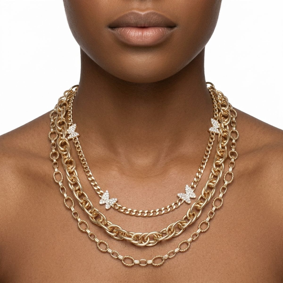 Gold Mixed Chain Stone Butterfly 3 Layer Necklace