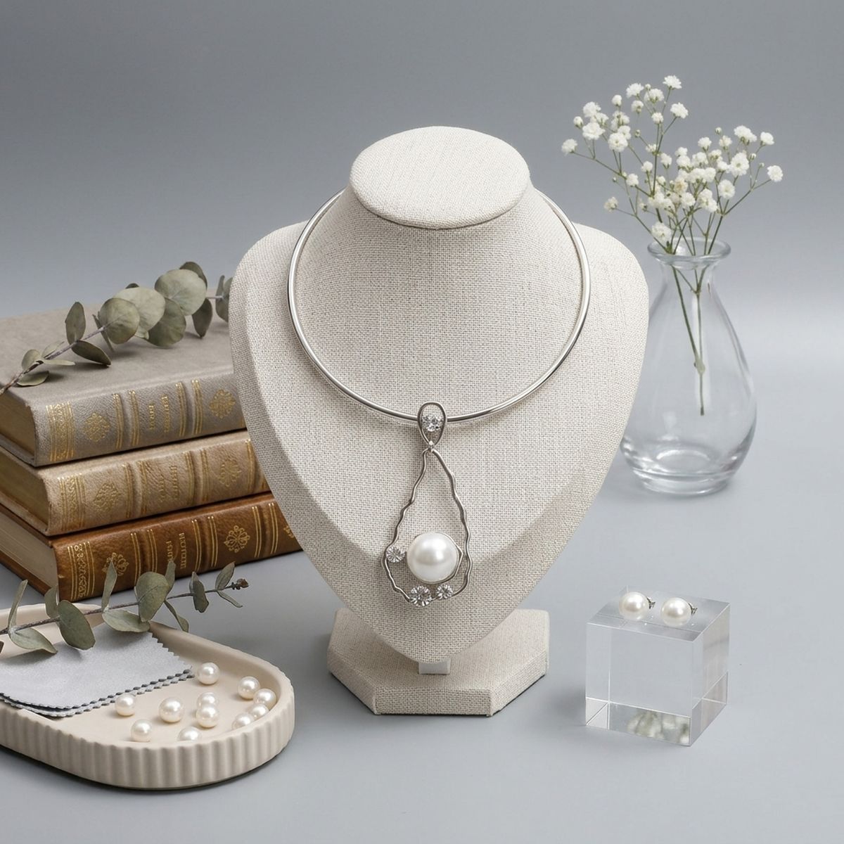 Silver Wavy Teardrop Pearl Pendant Choker Necklace