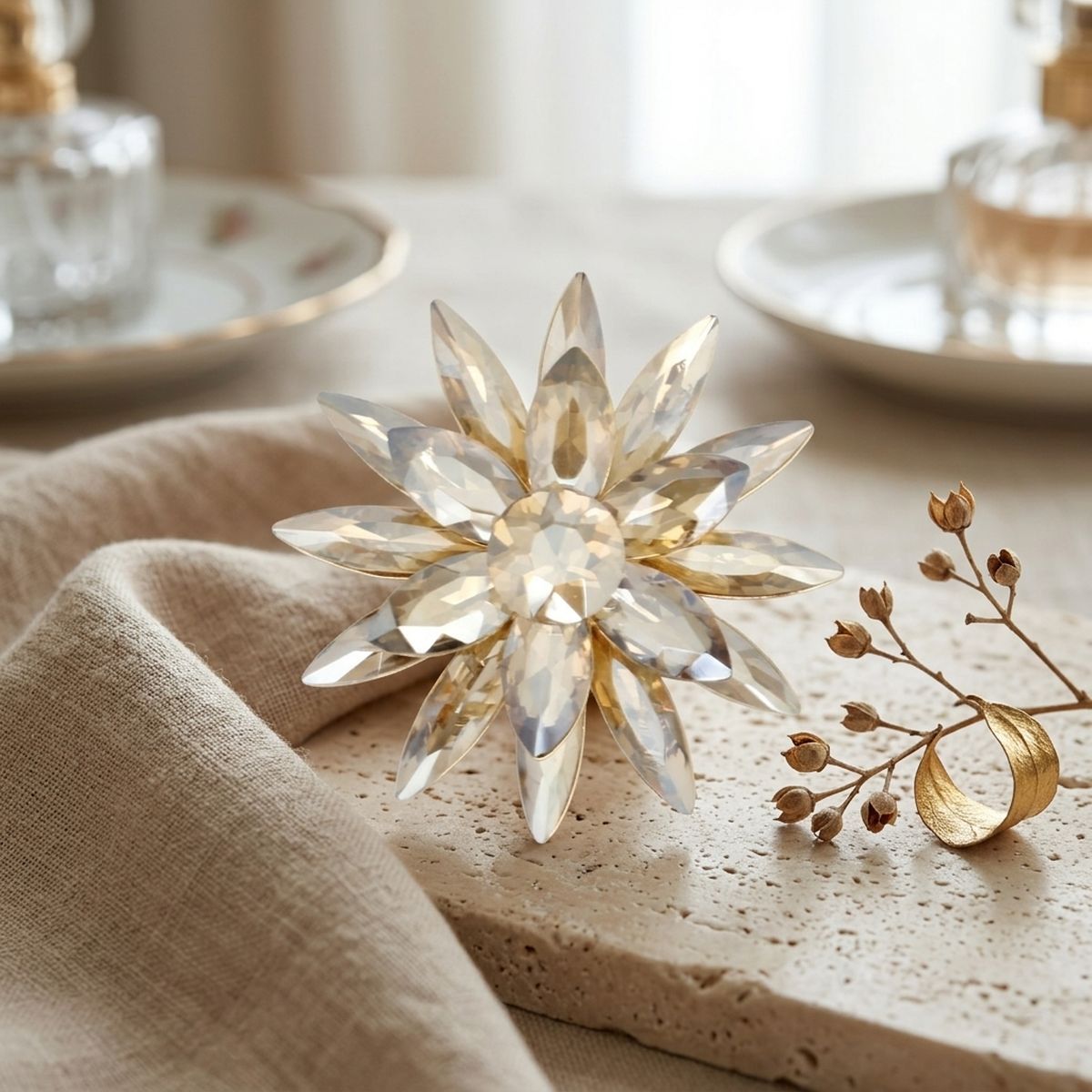 Oversized Brooch Brown Marquise Crystal Flower Pin
