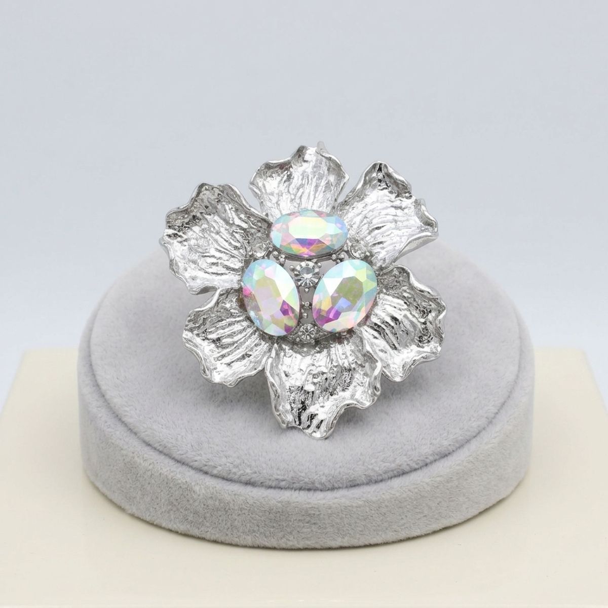 Oversized Brooch Silver Flower Aurbo Crystal Pin