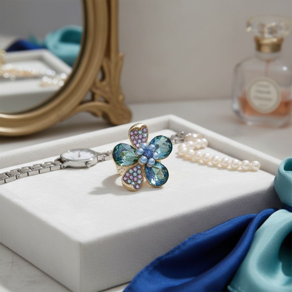 Cocktail Ring Mixed Blue Teardrop Crystal Flower