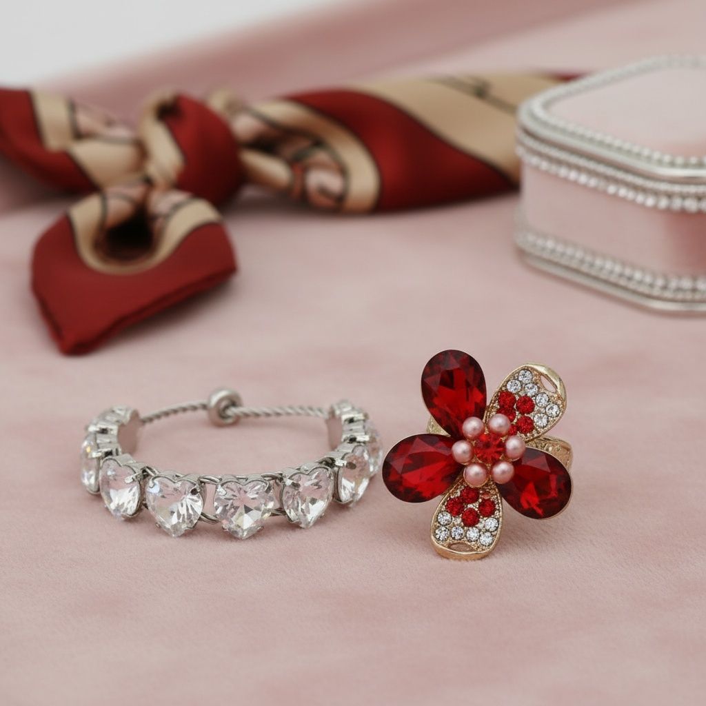 Cocktail Ring Red Teardrop Crystal Flower Design