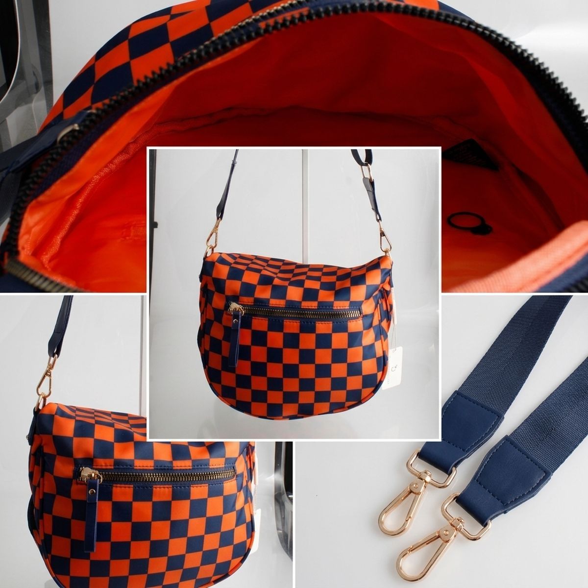Navy & Orange Checkered Nylon Crossbody Sling Bag