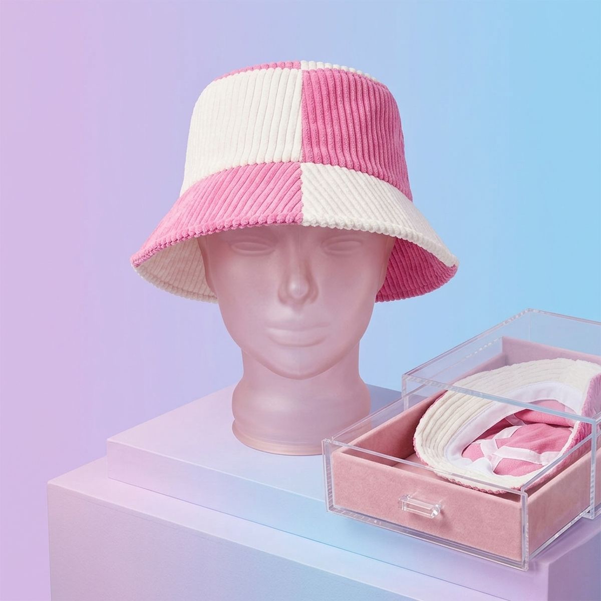 Bucket Hat Corduroy Pink and Cream Hat for Women