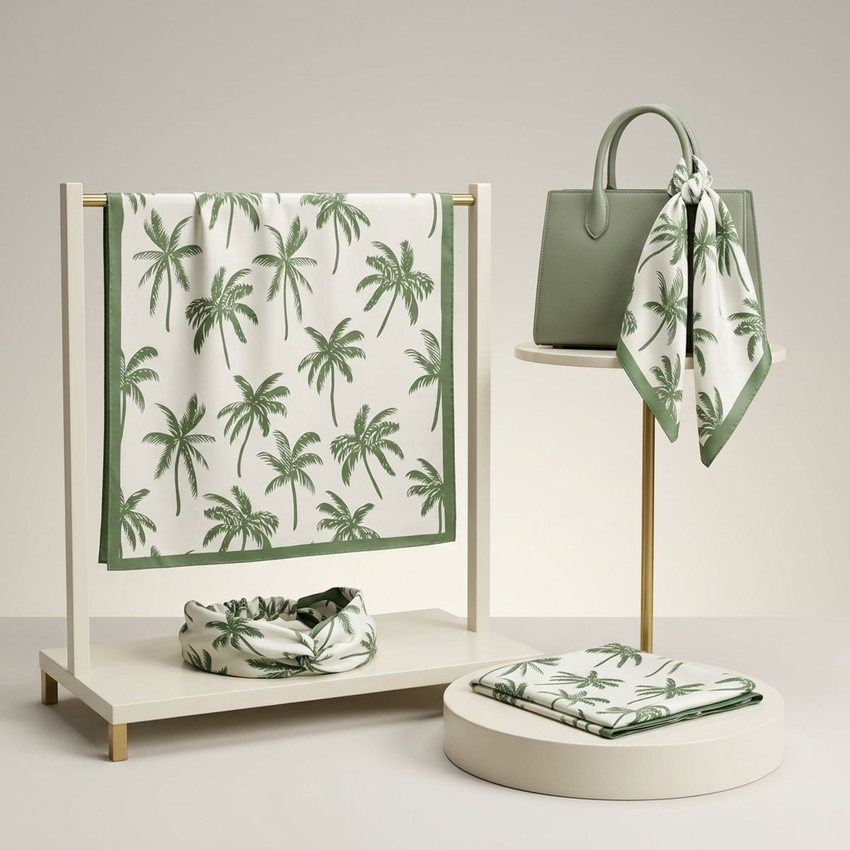 Silky Square Green Palm Tree Print Fashion Scarf