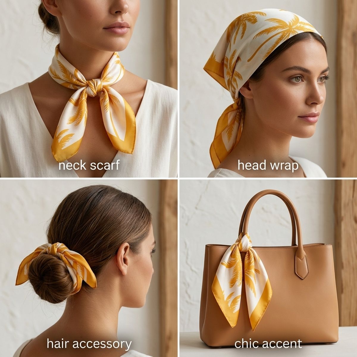 Silky Square Yellow Palm Tree Print Fashion Scarf