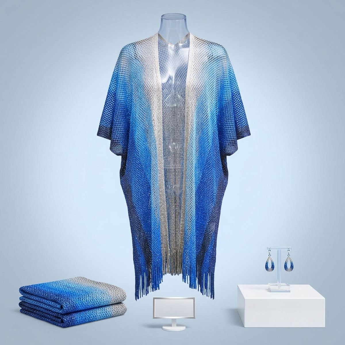 Kimono Lurex Stripe Blue Fringe for Women