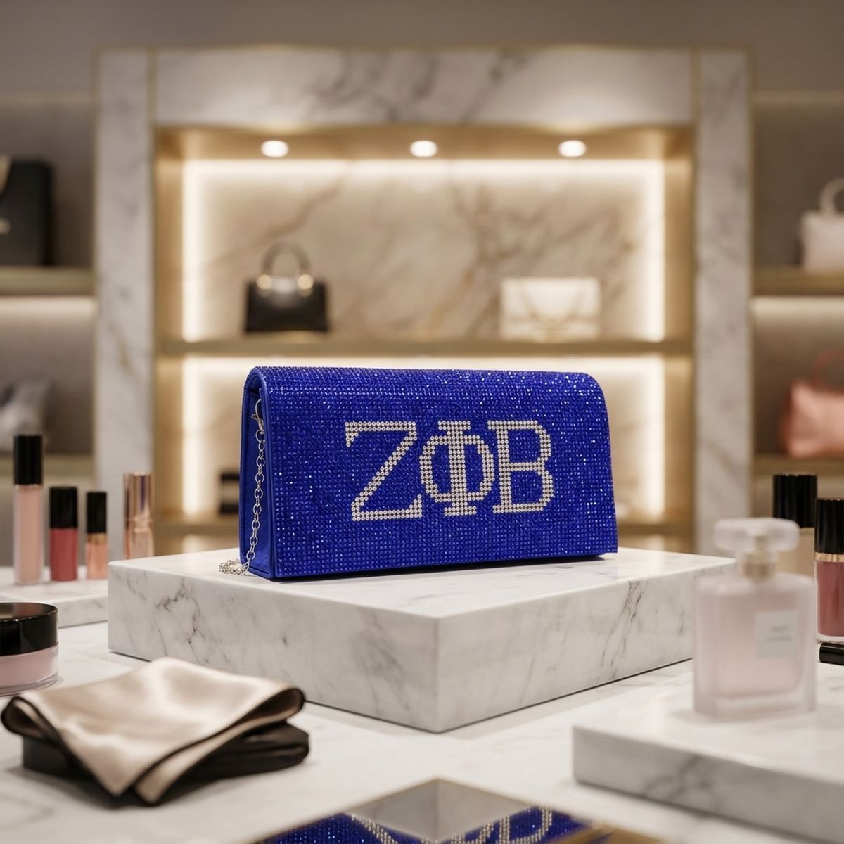 ZPB Blue and Clear Rhinestone Flap Snap Clutch Bag