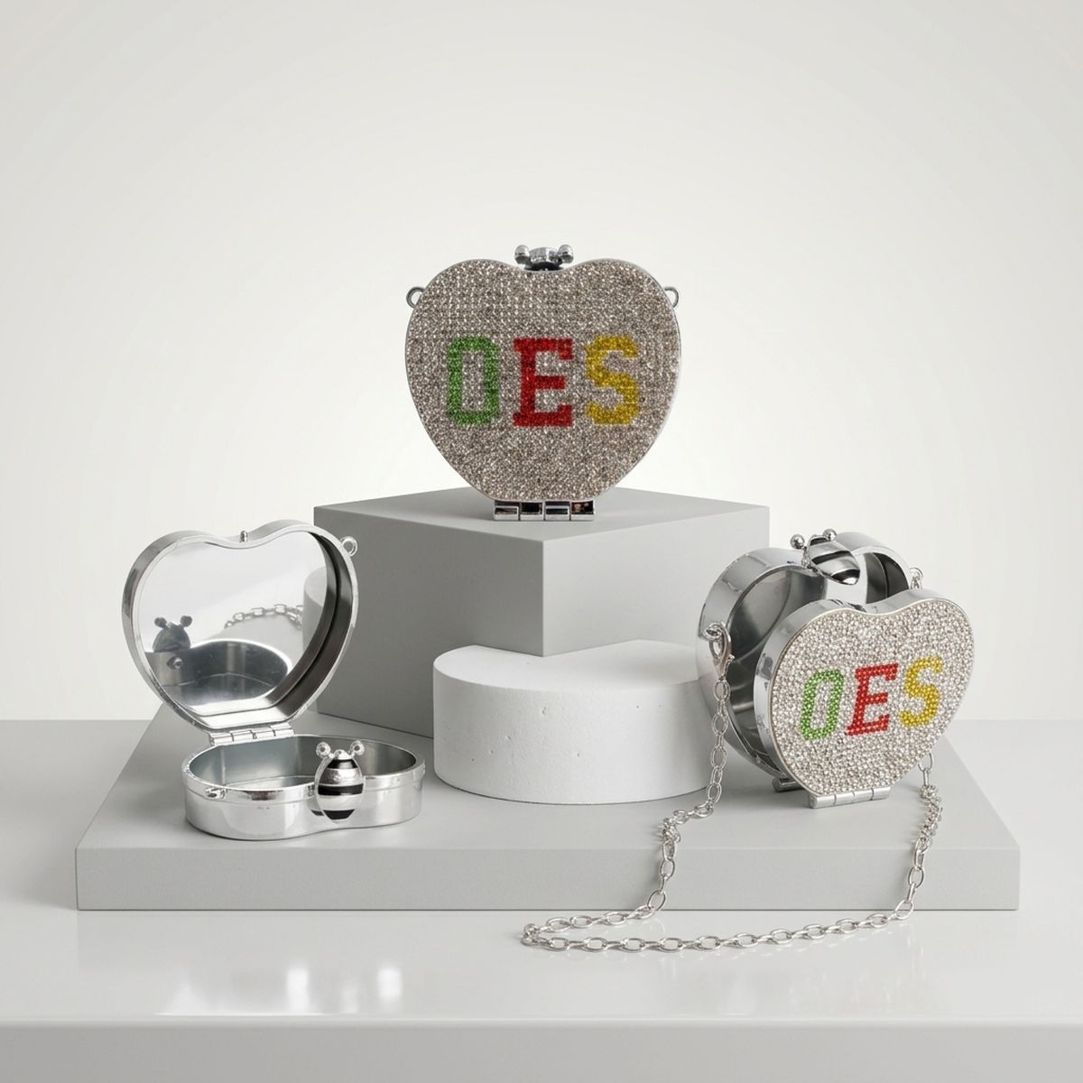 OES Mini Rhinestone Heart Crossbody Compact