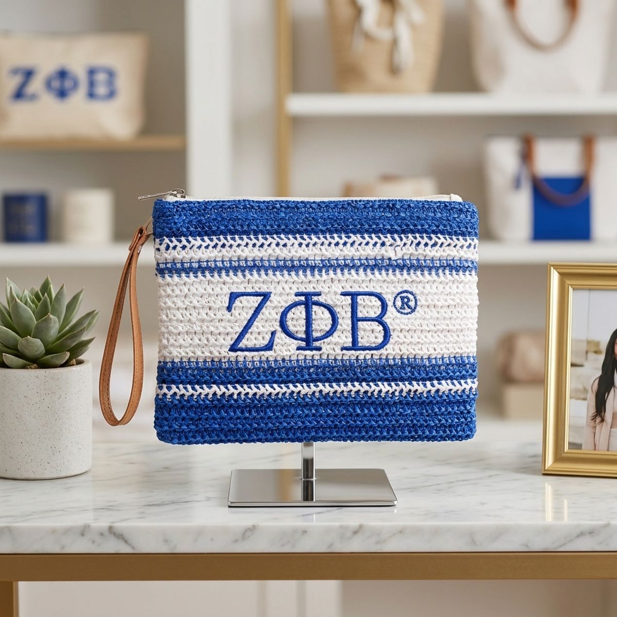 ZPB Faded Blue White Raffia Embroidered Pouch Bag