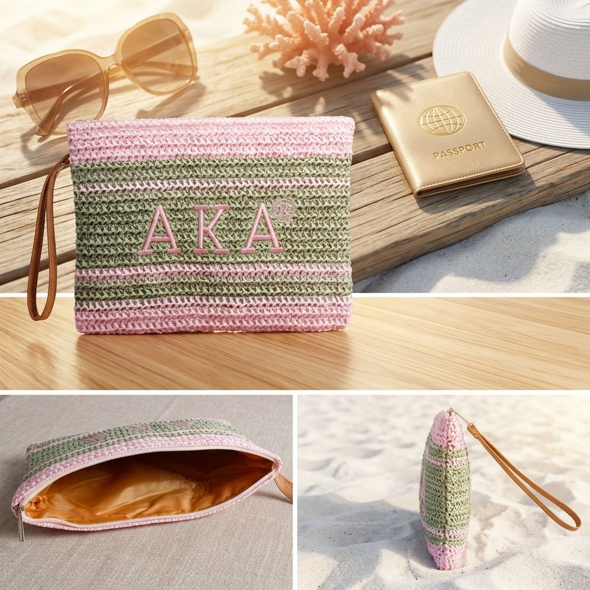 AKA Faded Pink Green Raffia Embroidered Pouch Bag