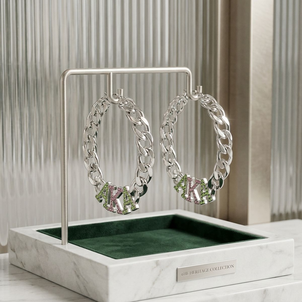 AKA Pink Green Stone Silver Chain Hoop Earrings