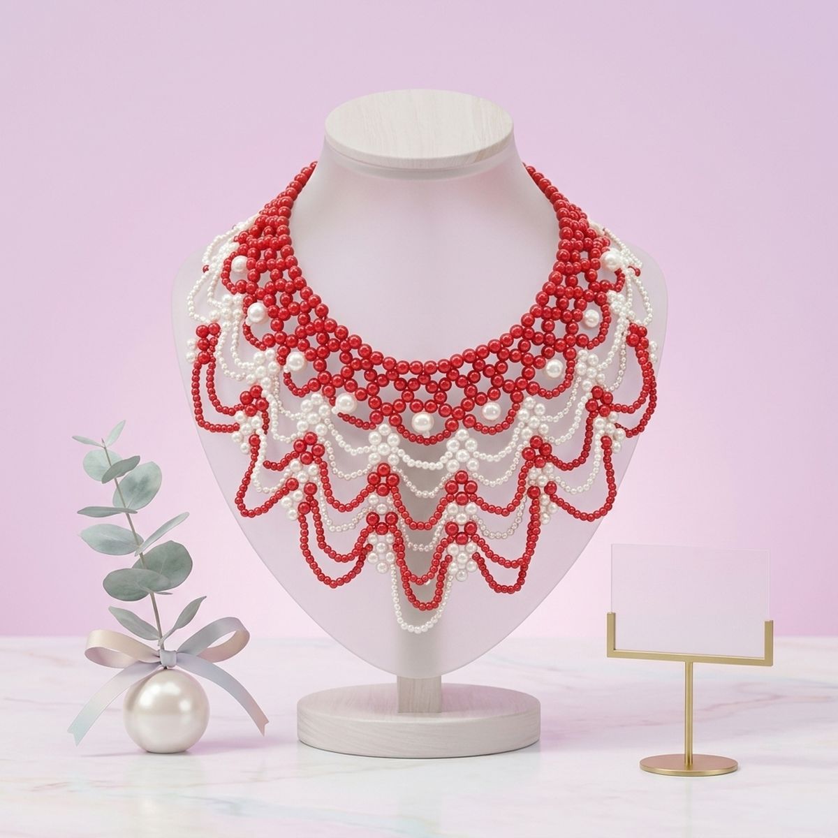 DST Cascading Red White Pearl Collar Necklace