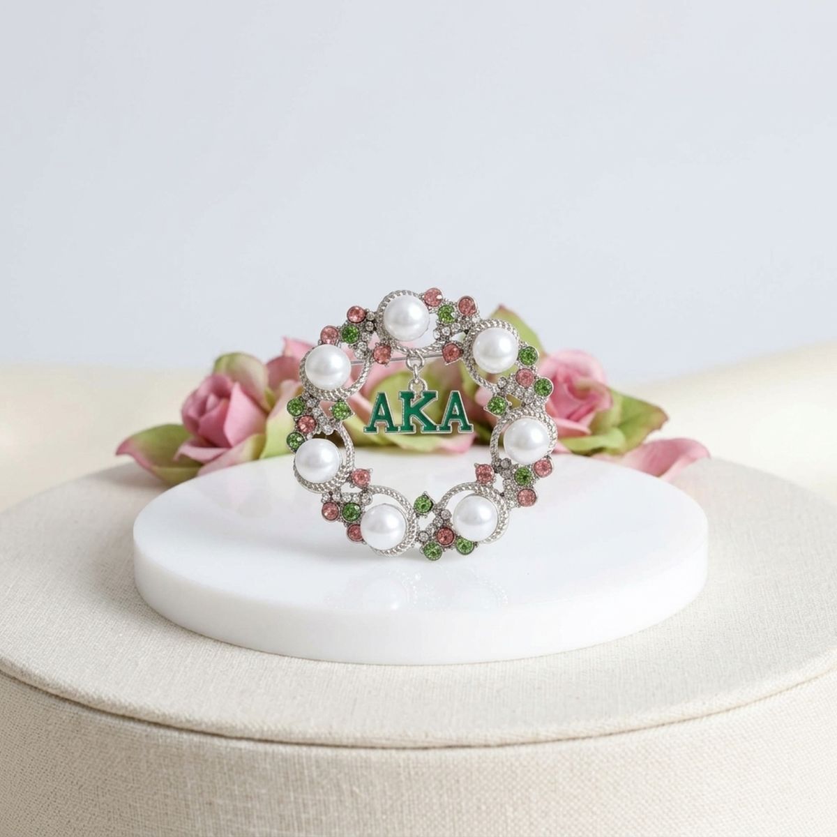 AKA White Pearl and Rhinestone Wreath Brooch Pin