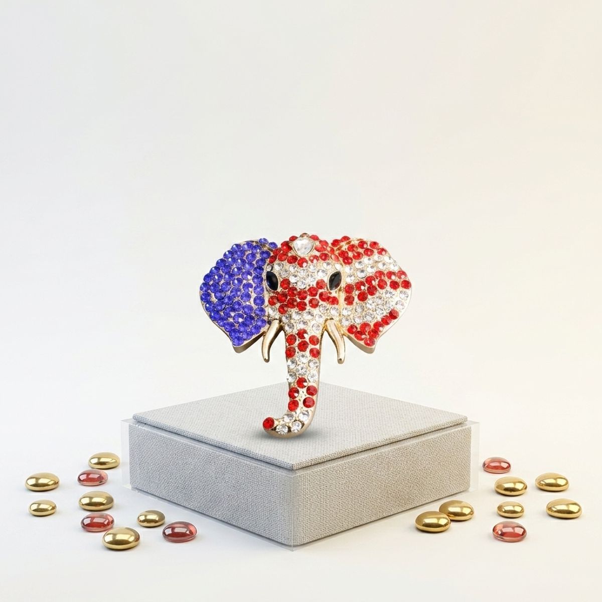 USA Patriotic Gold Elephant Head Brooch Pin
