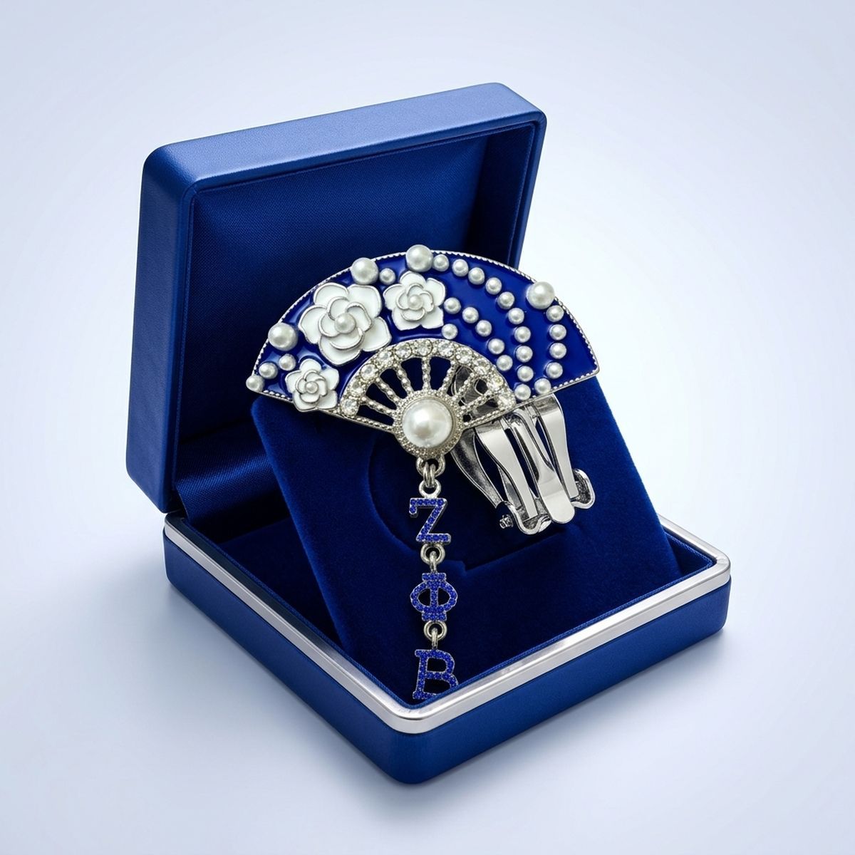 ZPB Blue Floral Pearl Hanfu Fan Dangle Brooch Pin