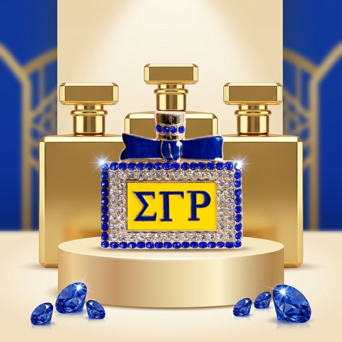 SGRHO Blue and Gold Rhinestone Perfume Brooch