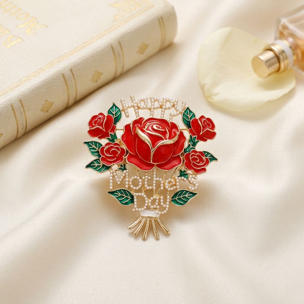 Brooch Pearl Mother's Day Red Rose Bouquet Pin