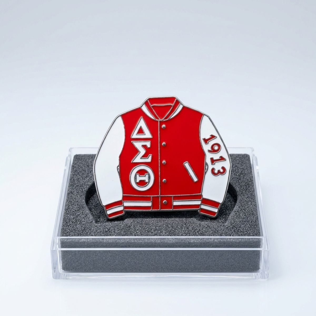 DST Varsity Jacket Red and White Brooch Pin