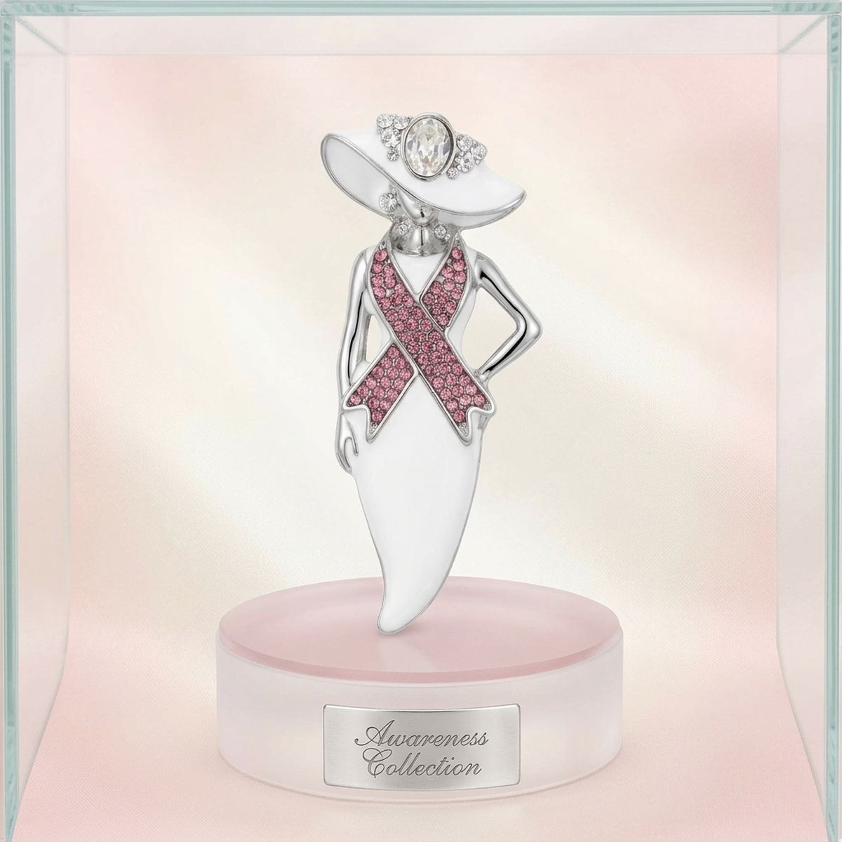 White Breast Cancer Pink Ribbon Lady Silver Brooch