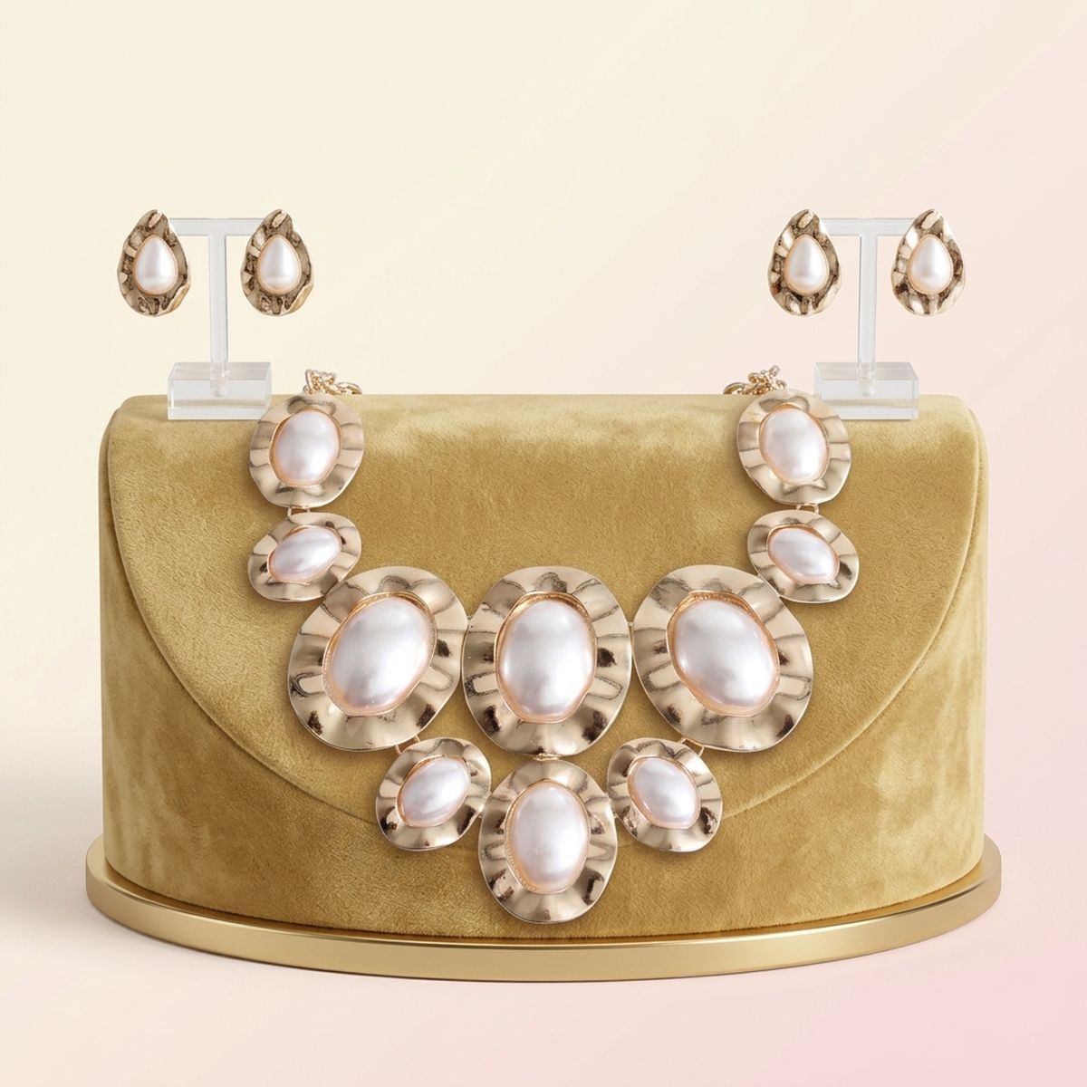 Gold Hammered Oval Pearl Linked Bib Necklace