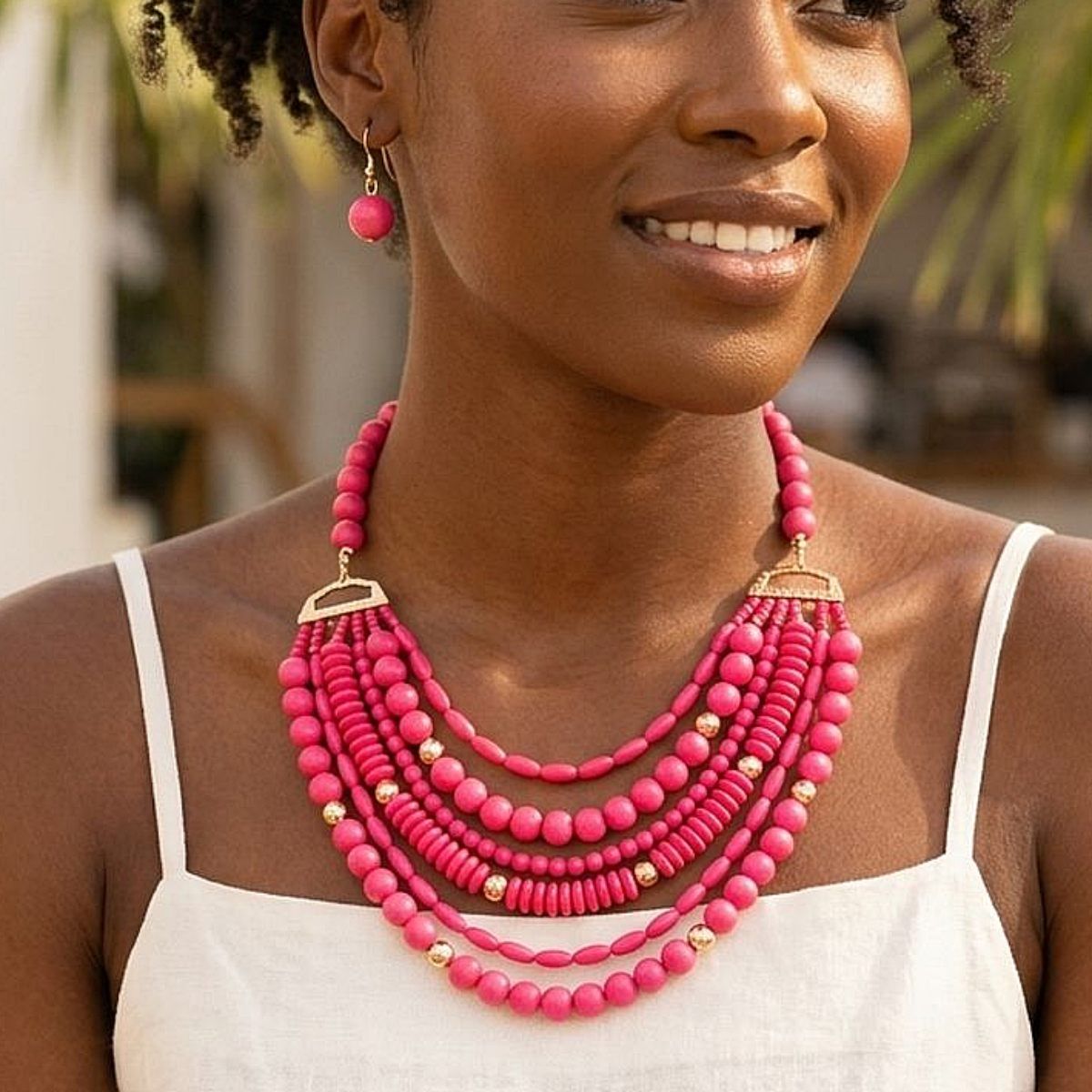 6 Layer Fuchsia Bead Necklace