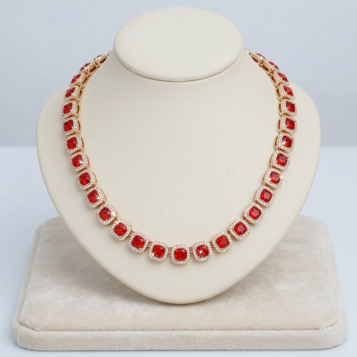 Tennis Red Cushion Cut Crystal Halo Luxe Necklace