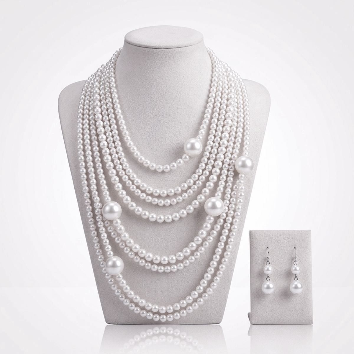 White Pearl 9 Strand Long Layer Luminous Necklace
