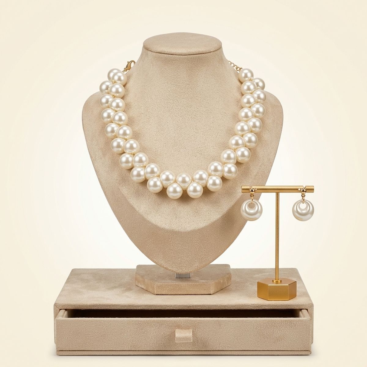 Flat Bottom Woven Cream Pearl Cluster Necklace