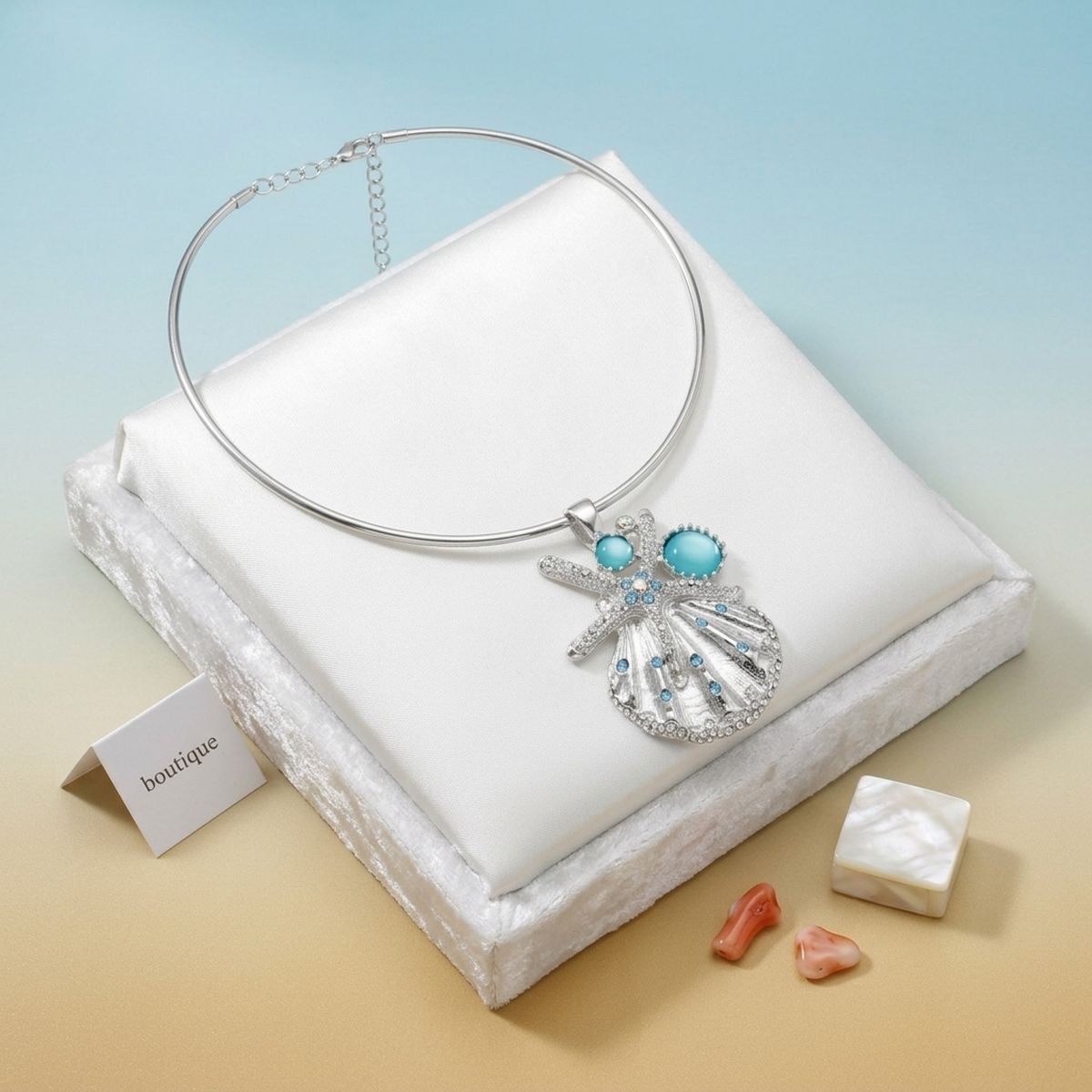 Silver Choker Sea Life Pendant Turquoise Rhinestones