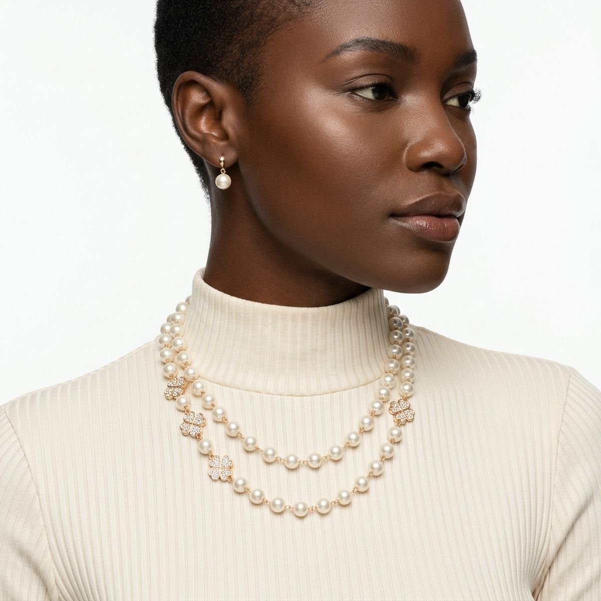 Cream Pearl Lucky Charm Layered Necklace Set