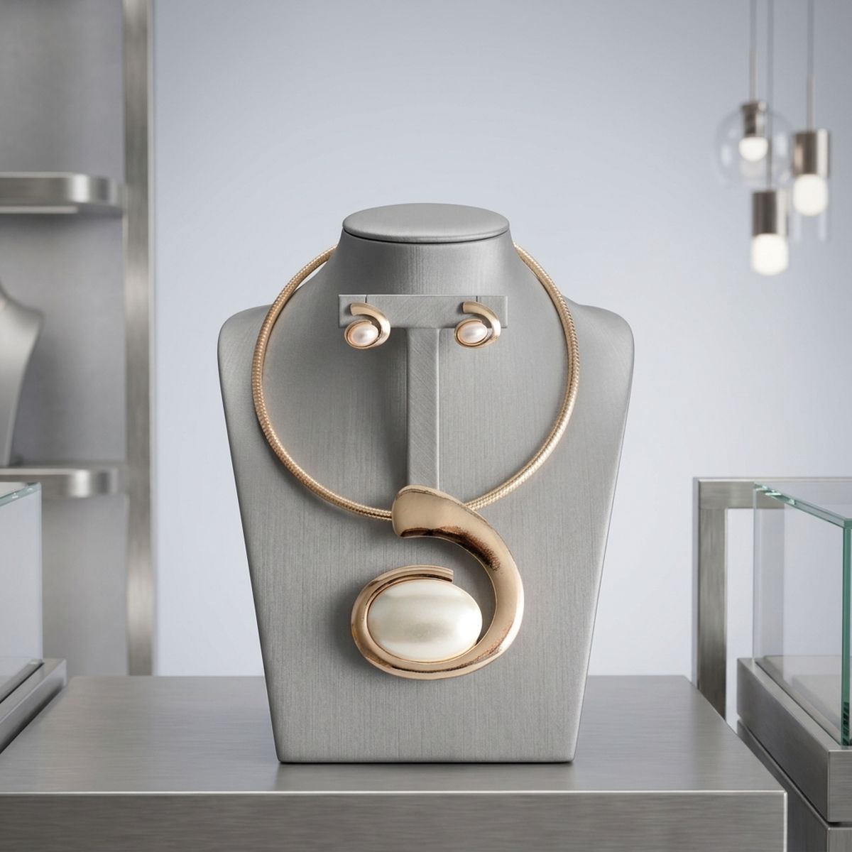 Gold Sculpted Pearl Swirl Pendant Collar Necklace