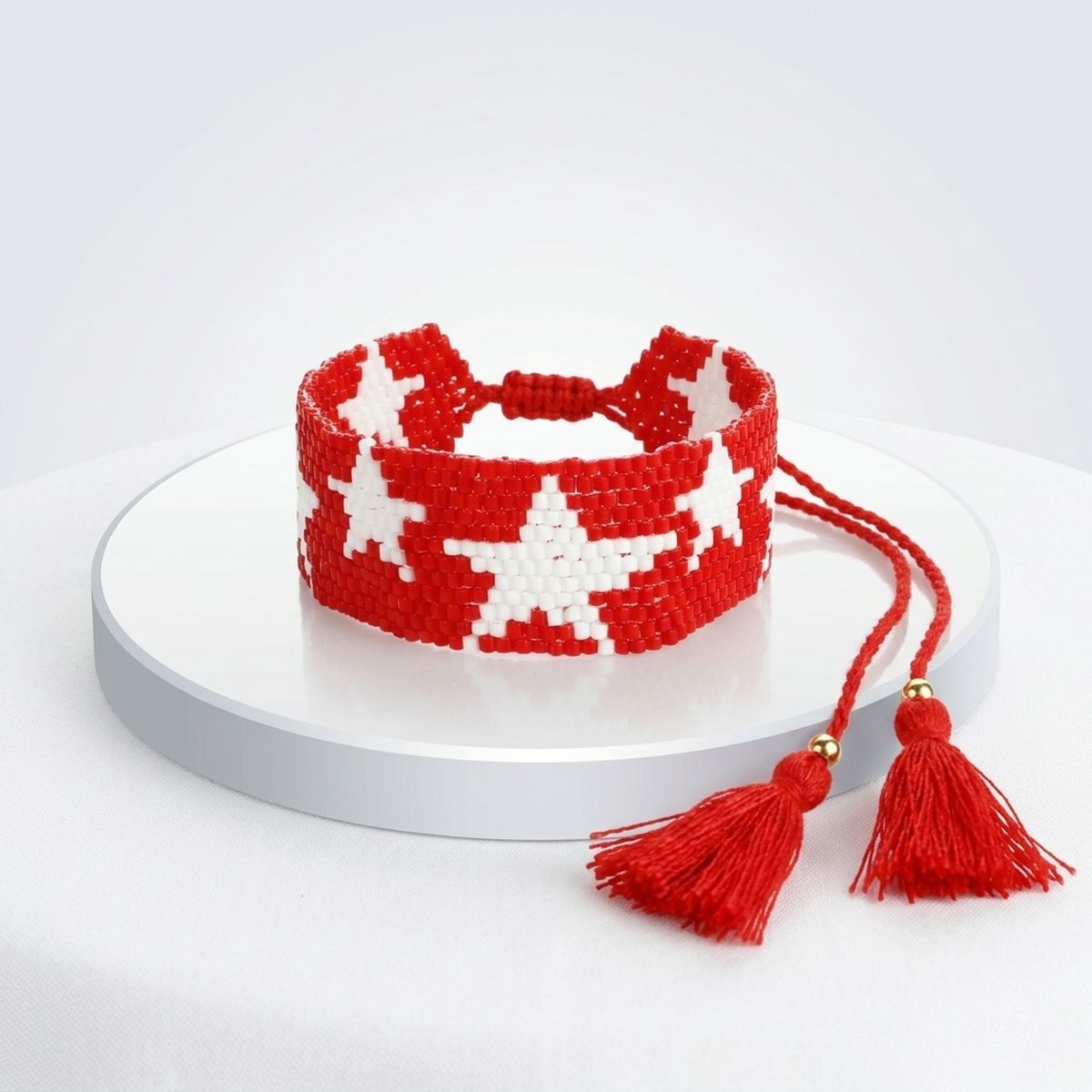 DST Red and White Star Woven Bead Bracelet