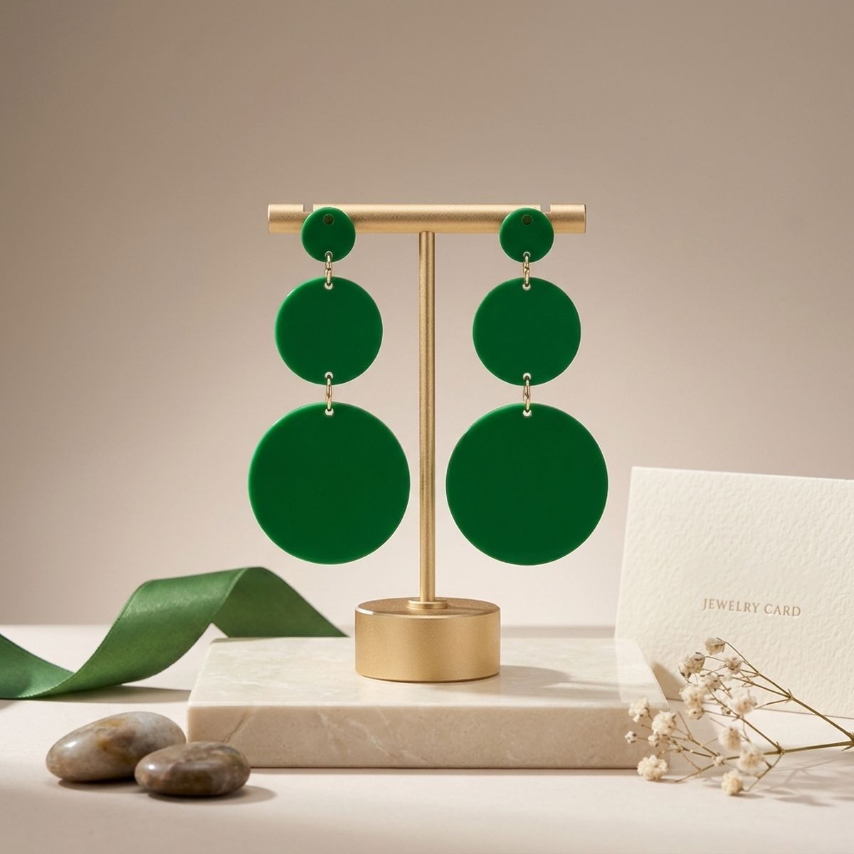 Dangle Green Mirror Triple Disc Drop Earrings