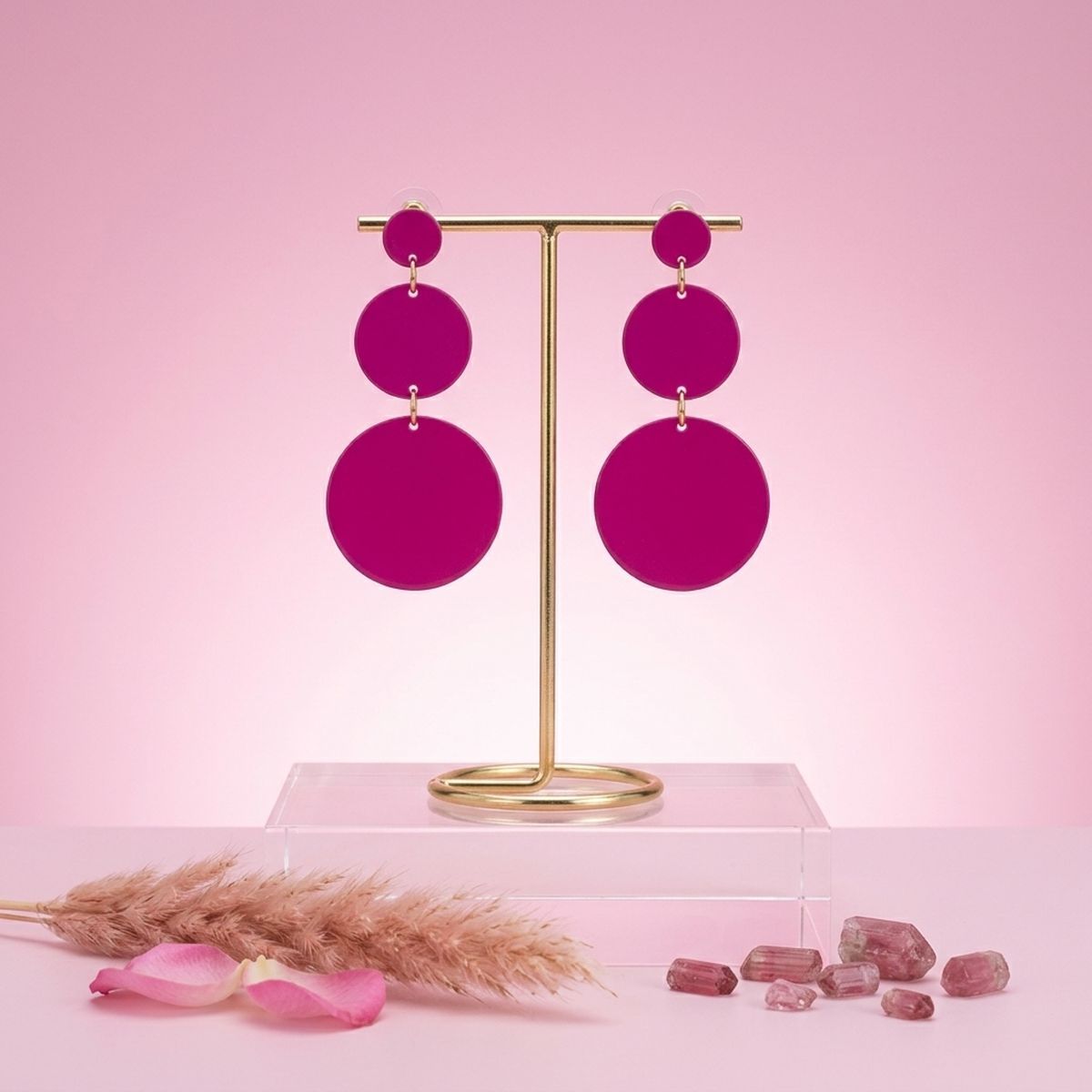 Dangle Pink Mirror Triple Disc Drop Earrings