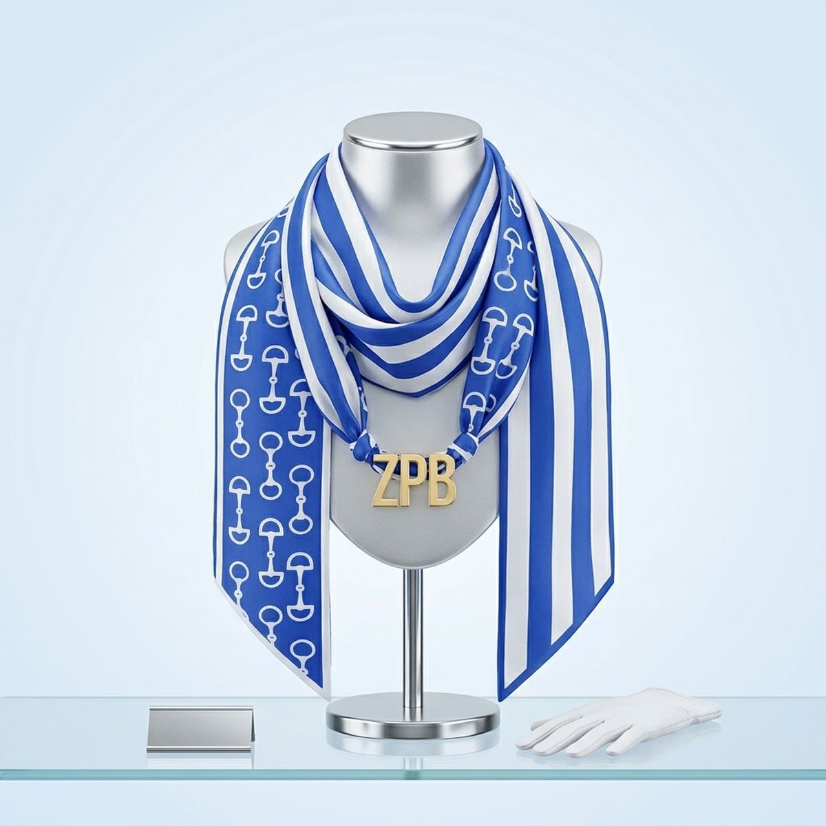 ZPB Gold Letter Blue White Horsebit Scarf Necklace