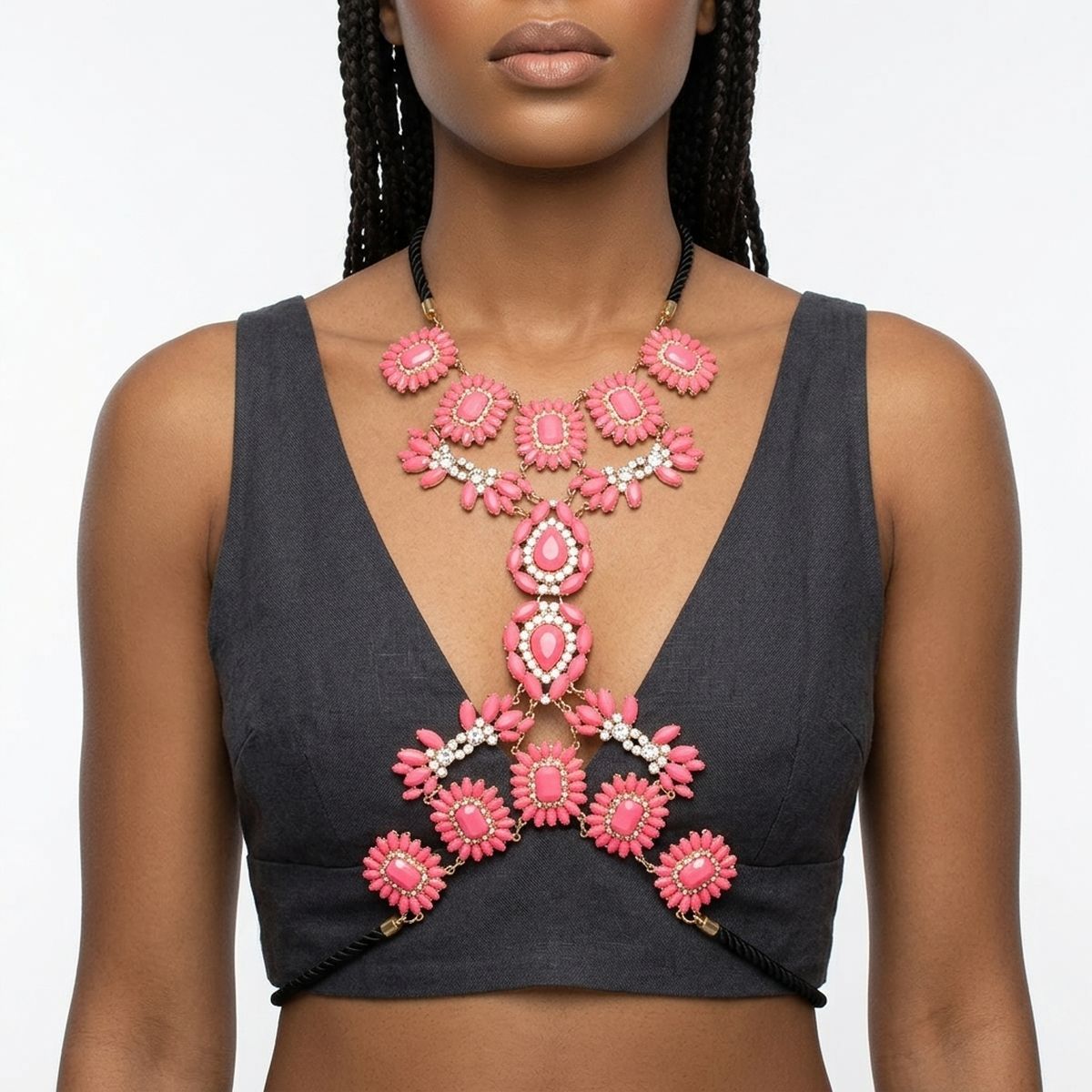 Body Chain Opaque Bright Pink Black Cord Women