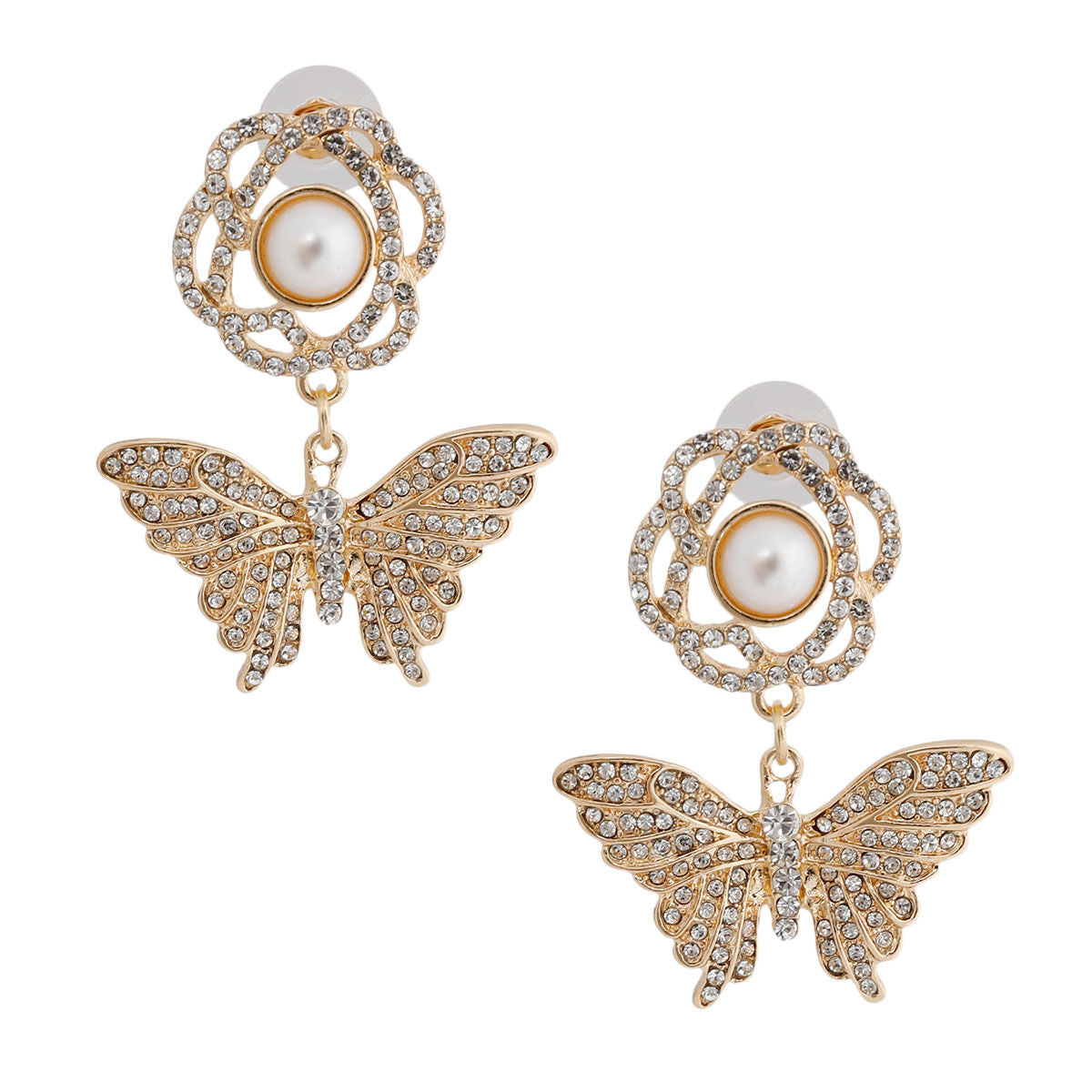 Gold Rose Butterfly Rhinestone Earrings|1.75 inches - Premium Wholesale Jewelry from Pinktown - Just $17! Shop now at chiquestyles