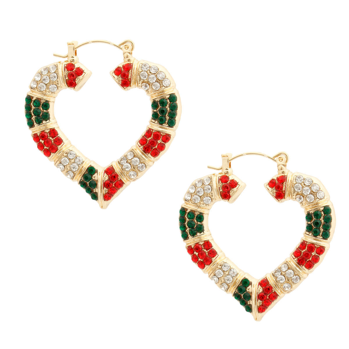 Red and Green Bling Heart Bamboo Hoops|1.5 inches - Premium Wholesale Jewelry from Pinktown - Just $12! Shop now at chiquestyles