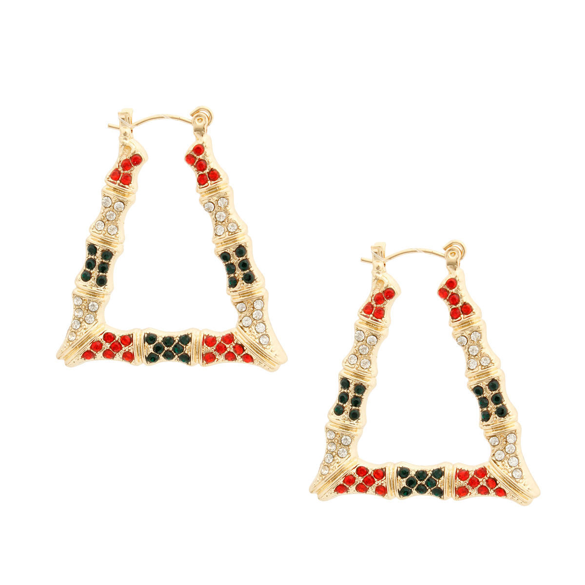Red and Green Bling Trapezoid Bamboo Hoops|1.5 inches - Premium Wholesale Jewelry from Pinktown - Just $12! Shop now at chiquestyles