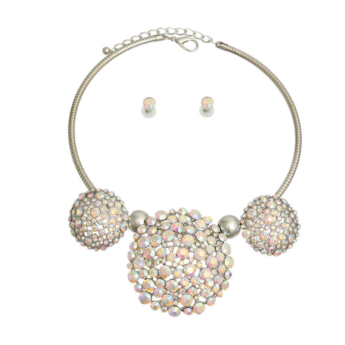 Aurora Borealis Triple Stone Dome Cluster Collar|18 inches - Premium Wholesale Jewelry from Pinktown - Just $29! Shop now at chiquestyles