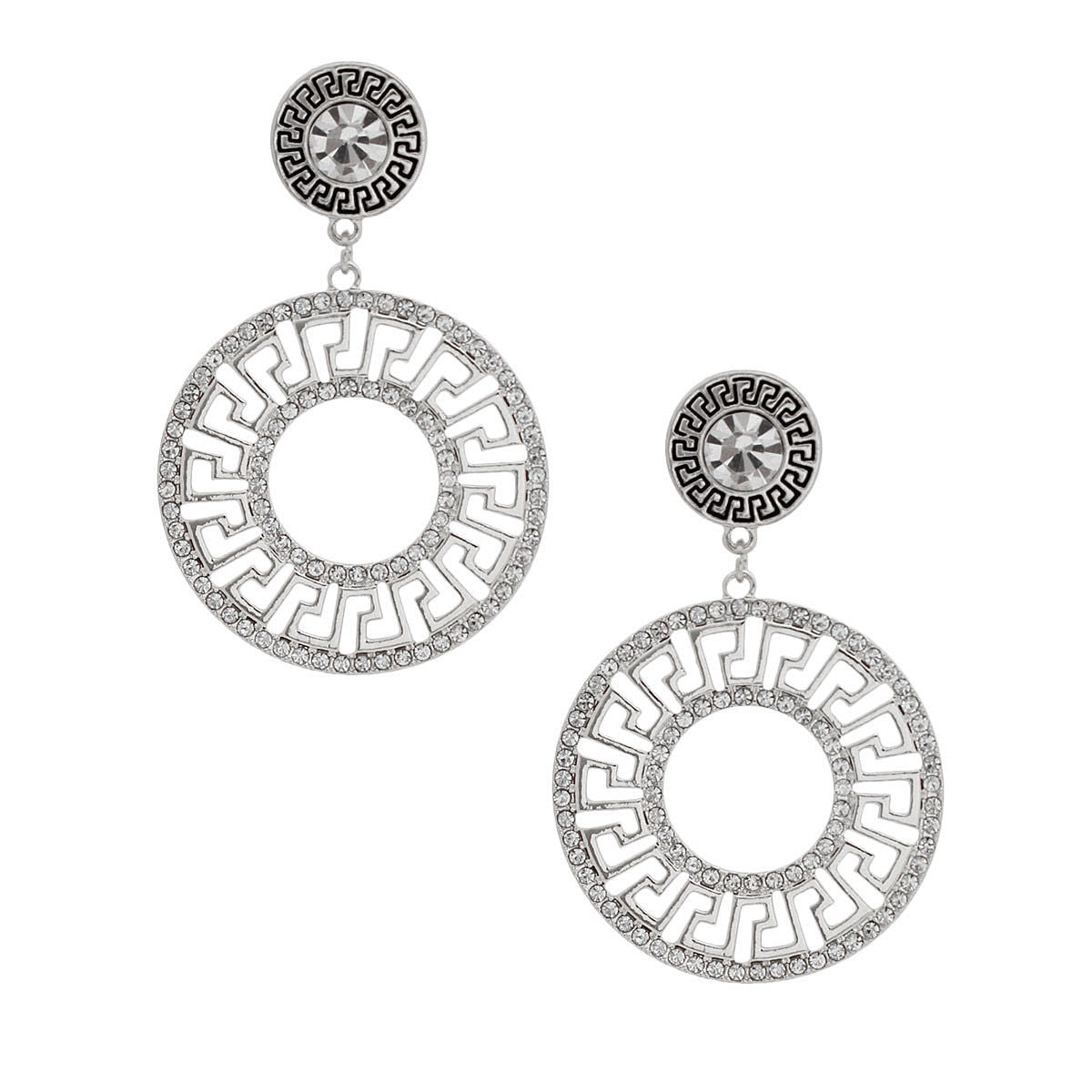 Silver Rhinestone Round Greek Key Earrings|3 inches - Premium Wholesale Jewelry from Pinktown - Just $19! Shop now at chiquestyles