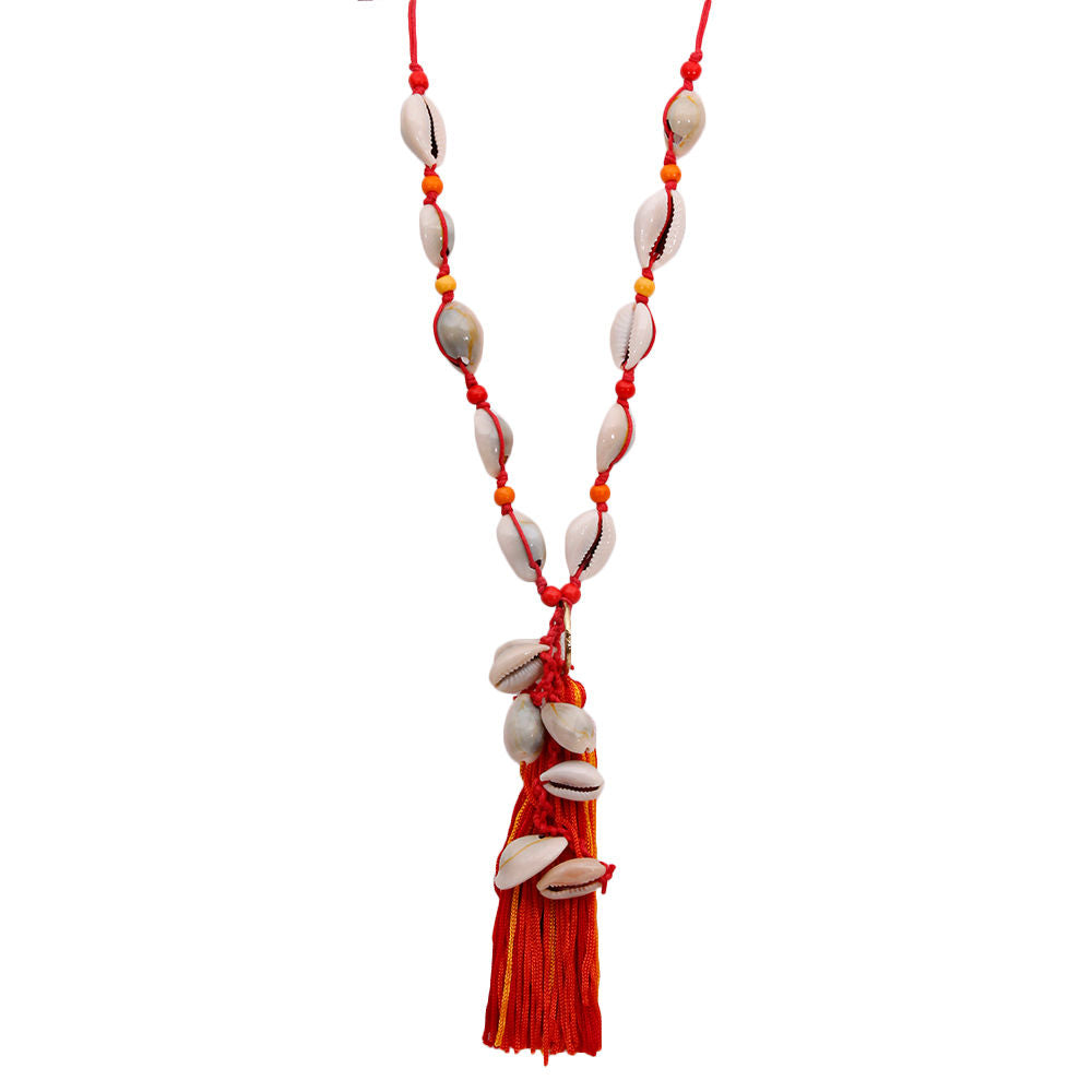 Red String and Cowrie Shell Long Tassel Necklace|30 inches - Premium Wholesale Jewelry from Pinktown - Just $16! Shop now at chiquestyles