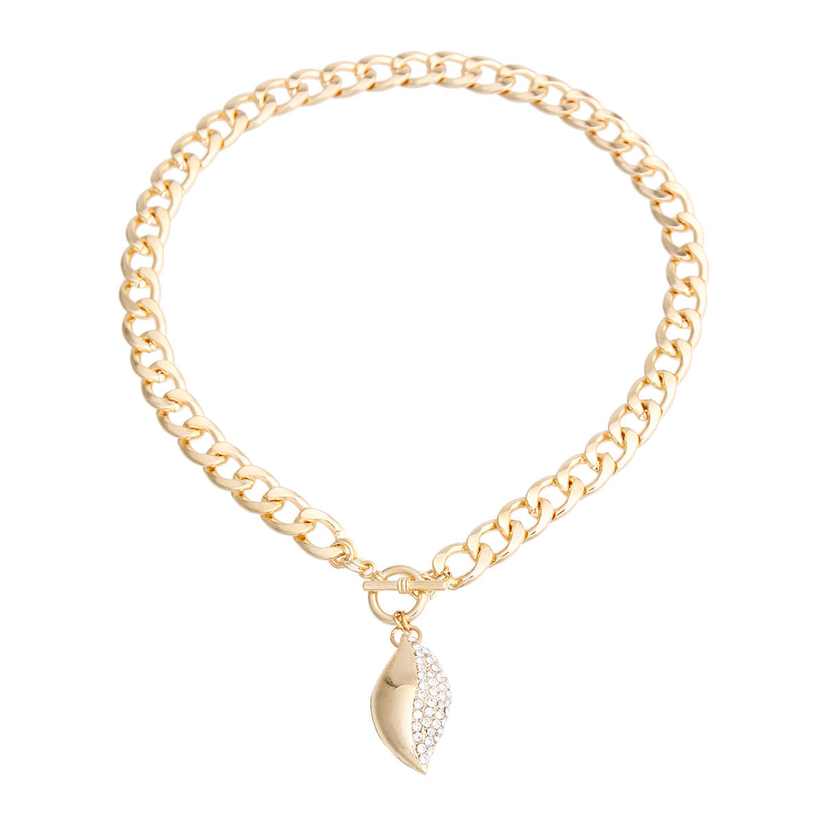 Gold Curved Oval Pave Charm Necklace|18 inches - Premium Wholesale Jewelry from Pinktown - Just $11! Shop now at chiquestyles