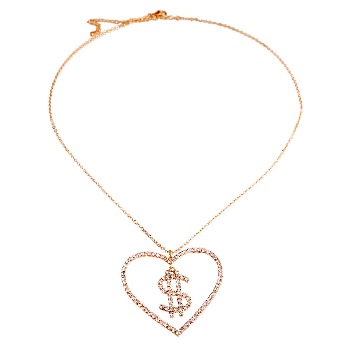 Gold Dollar Sign Heart Necklace|18 + 3 inches - Premium Wholesale Jewelry from Pinktown - Just $8! Shop now at chiquestyles